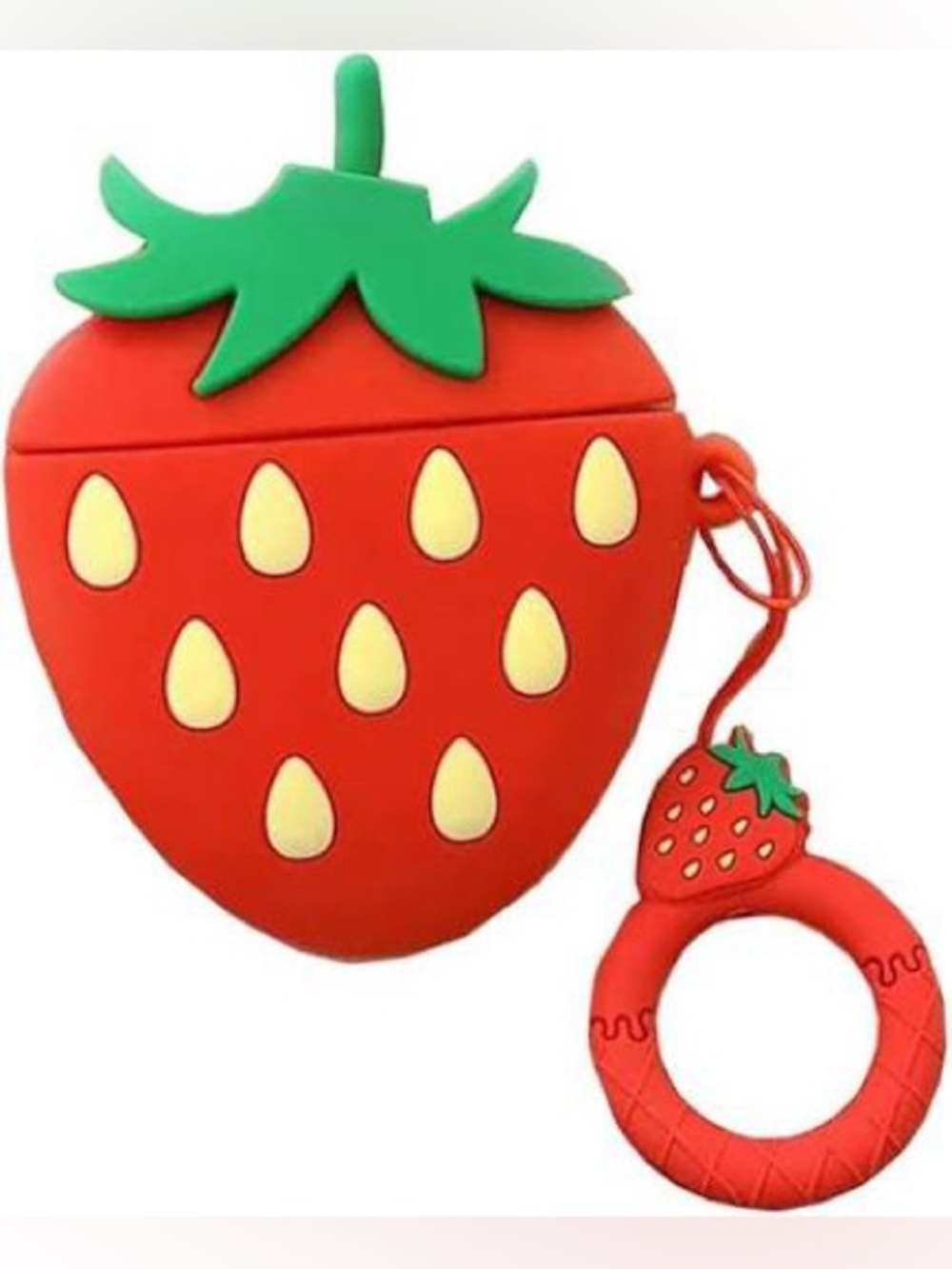 Cute Strawberry Silicone AirPods Case with Teether Ring - Red/Green